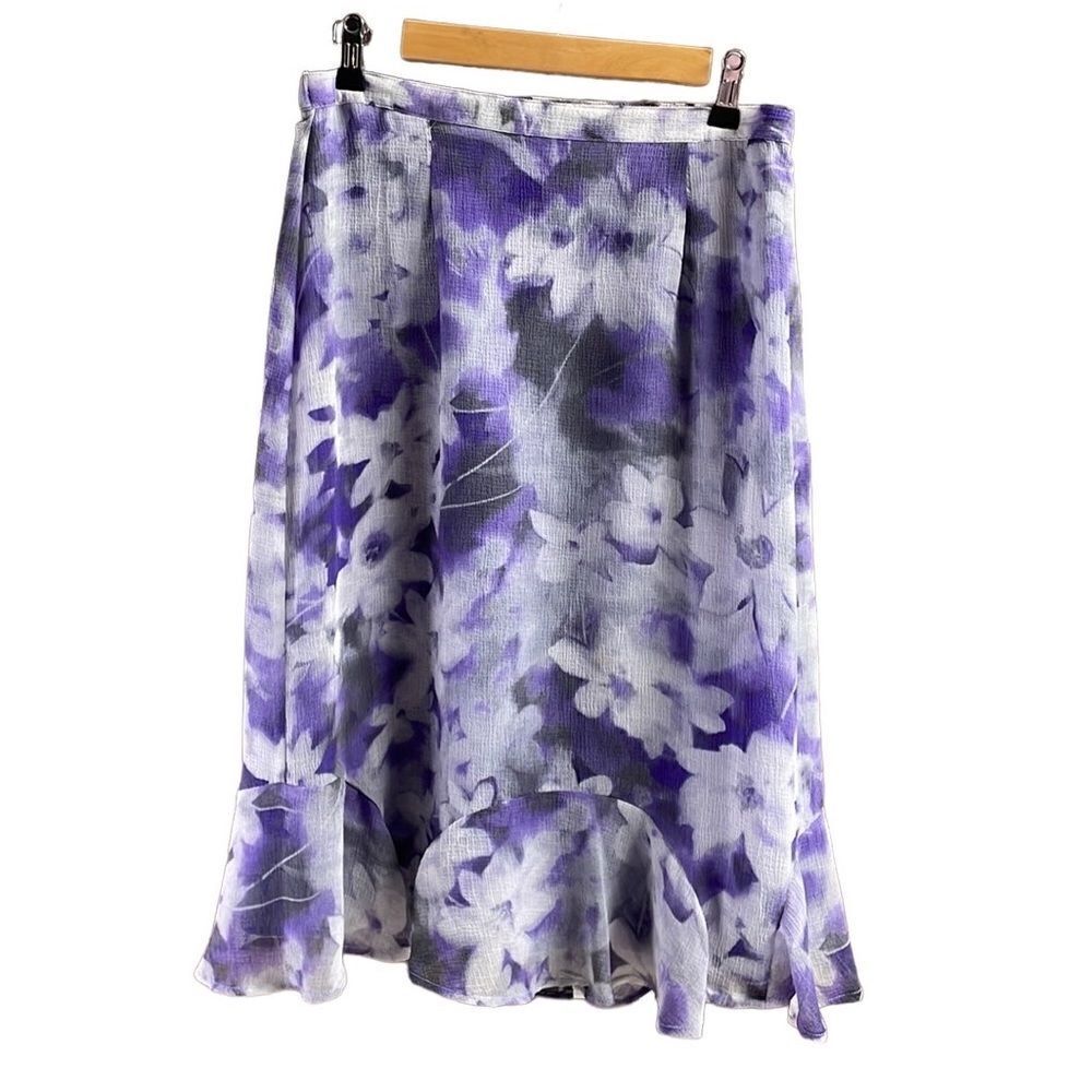 ALFRED DUNNER Ladies Midi Flowy Floral Ruffled Hem Skirt,10 Petite, Purple/white